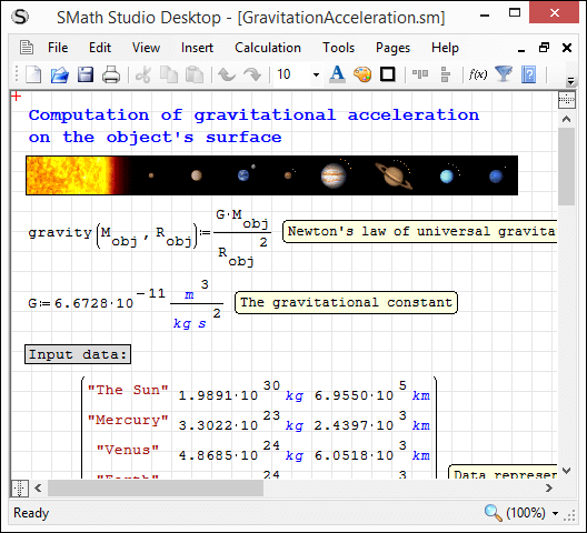 Calculation of Gravitation Acceleration example